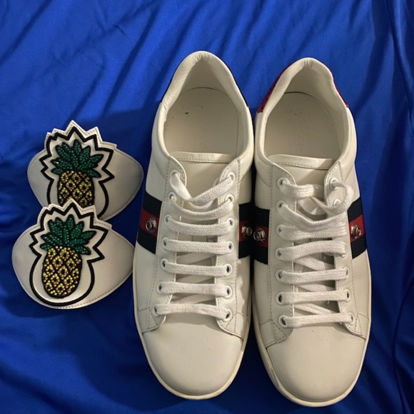 Authentic Gucci Ayers Calfskin Leather Embroidery Pineapple patches sneakers - Picture 3 of 8